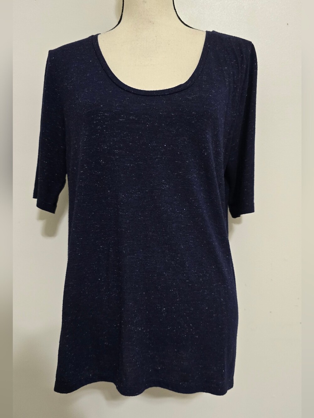 LOFT size Large Round‎ Neck Metallic Short Sleeve Basic Shirt Navy Shimmer